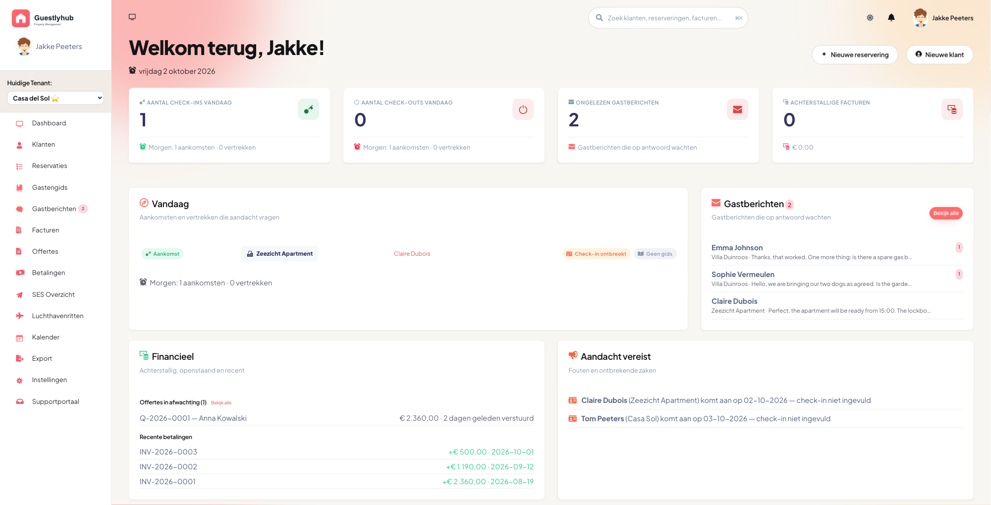 Guestlyhub dashboard showing the reservation calendar and bookings