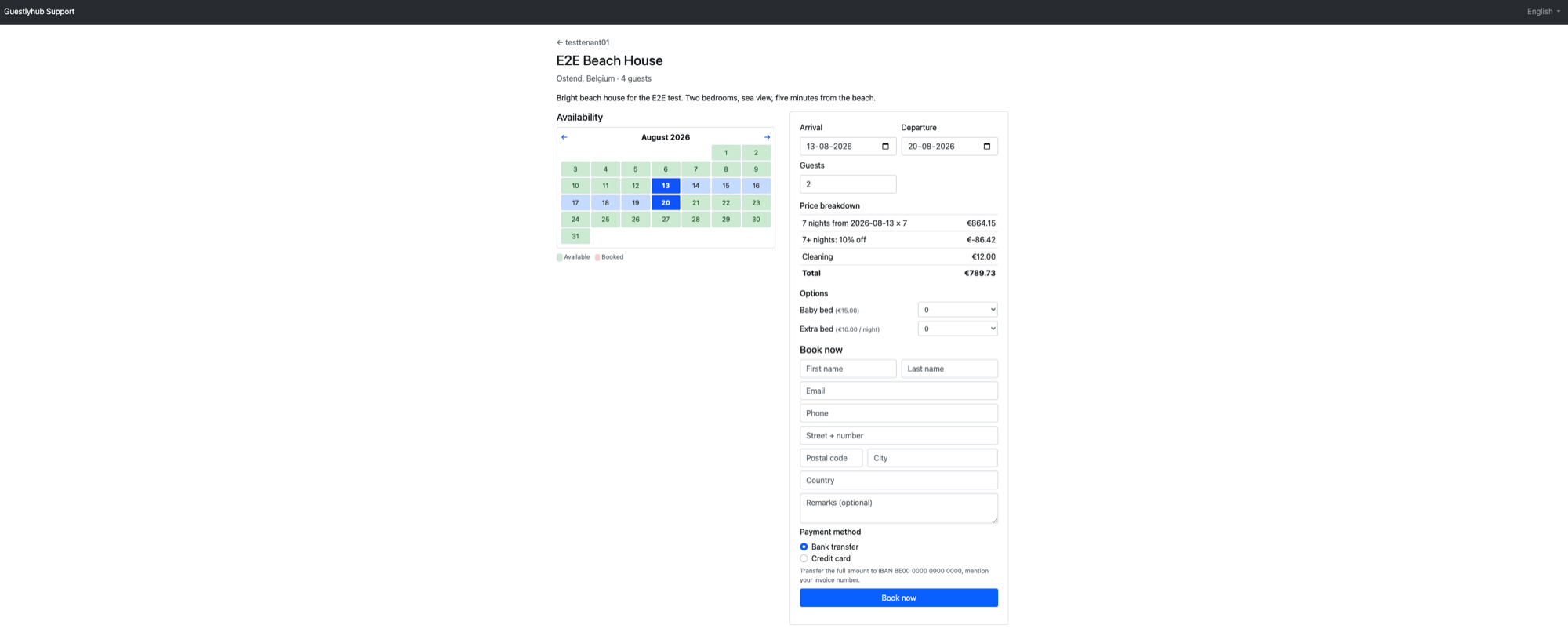 De Guestlyhub boekingspagina: beschikbaarheidskalender, live prijsoverzicht met korting, boekbare extra's en gastformulier